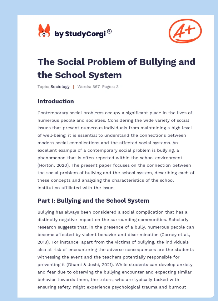 The Social Problem of Bullying and the School System. Page 1
