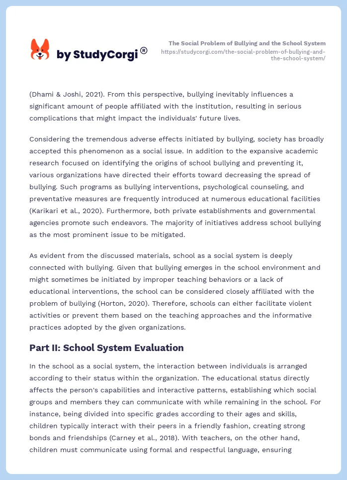 The Social Problem of Bullying and the School System. Page 2