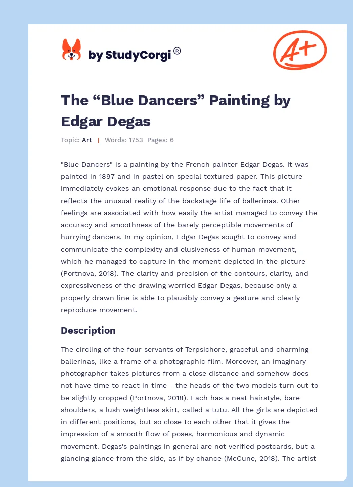 The “Blue Dancers” Painting by Edgar Degas. Page 1