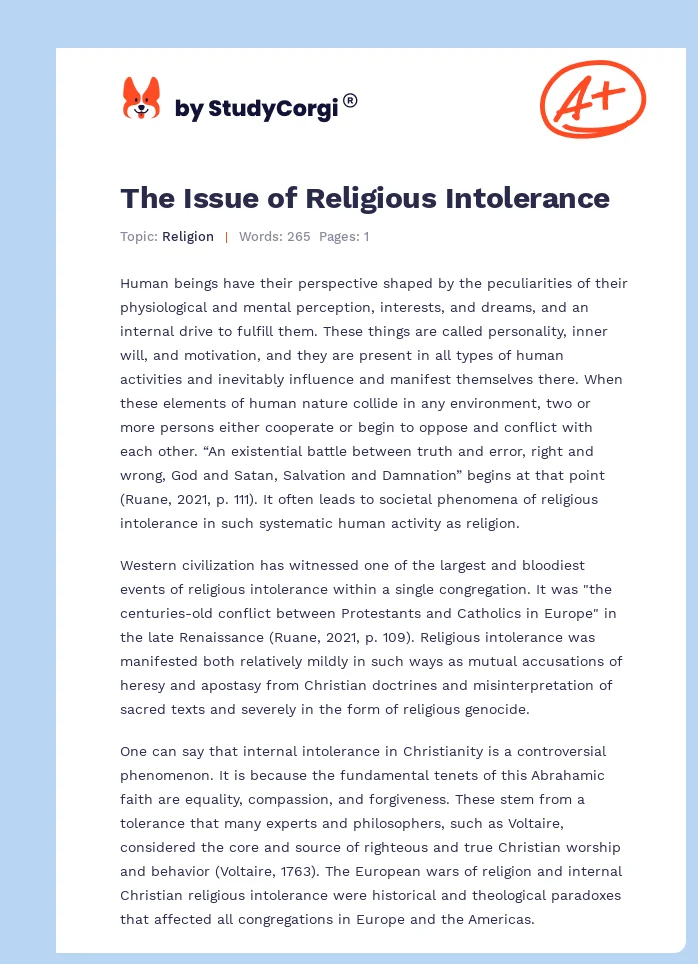 The Issue of Religious Intolerance. Page 1