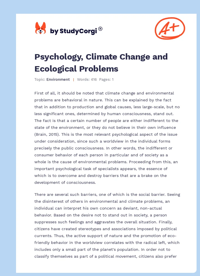 Psychology, Climate Change and Ecological Problems. Page 1