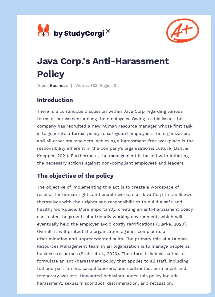 Java Corp.'s Anti-Harassment Policy. Page 1