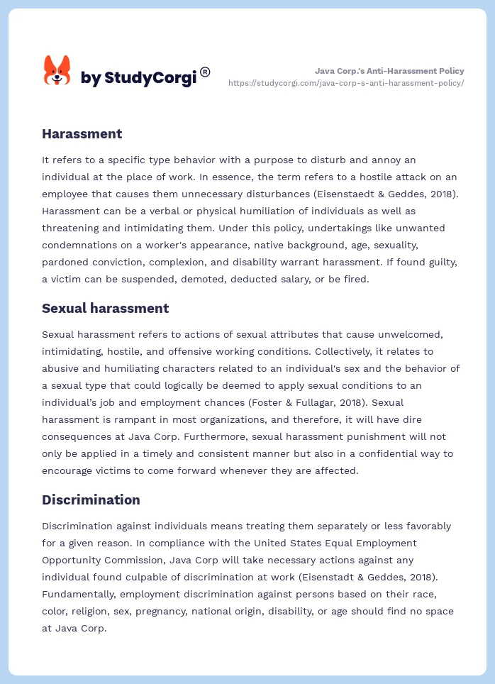Java Corp.'s Anti-Harassment Policy. Page 2