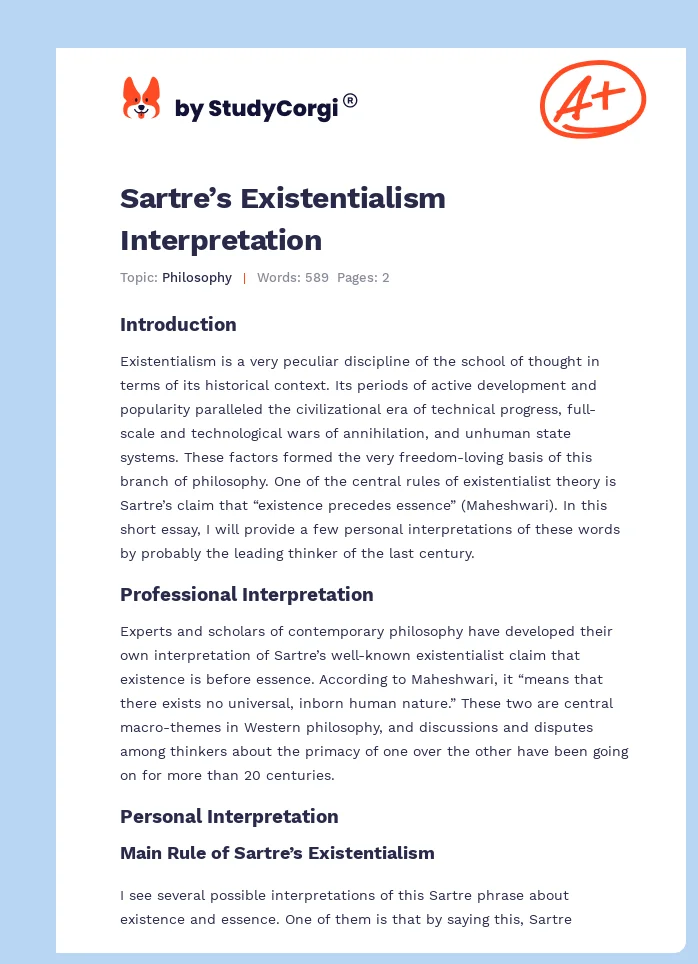 Sartre’s Existentialism Interpretation. Page 1