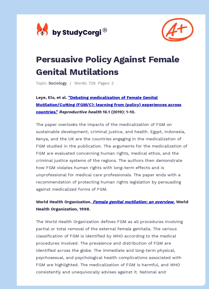 Persuasive Policy Against Female Genital Mutilations. Page 1