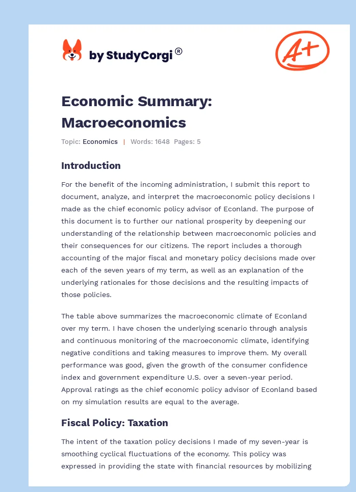 Economic Summary: Macroeconomics. Page 1