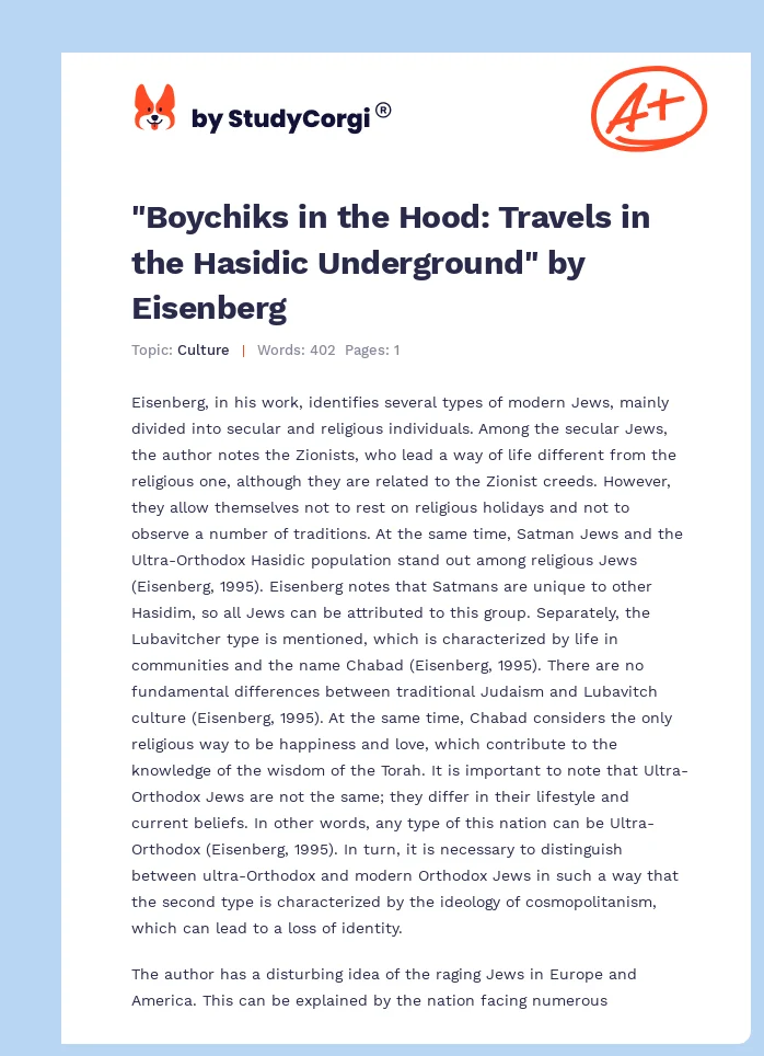 "Boychiks in the Hood: Travels in the Hasidic Underground" by Eisenberg. Page 1