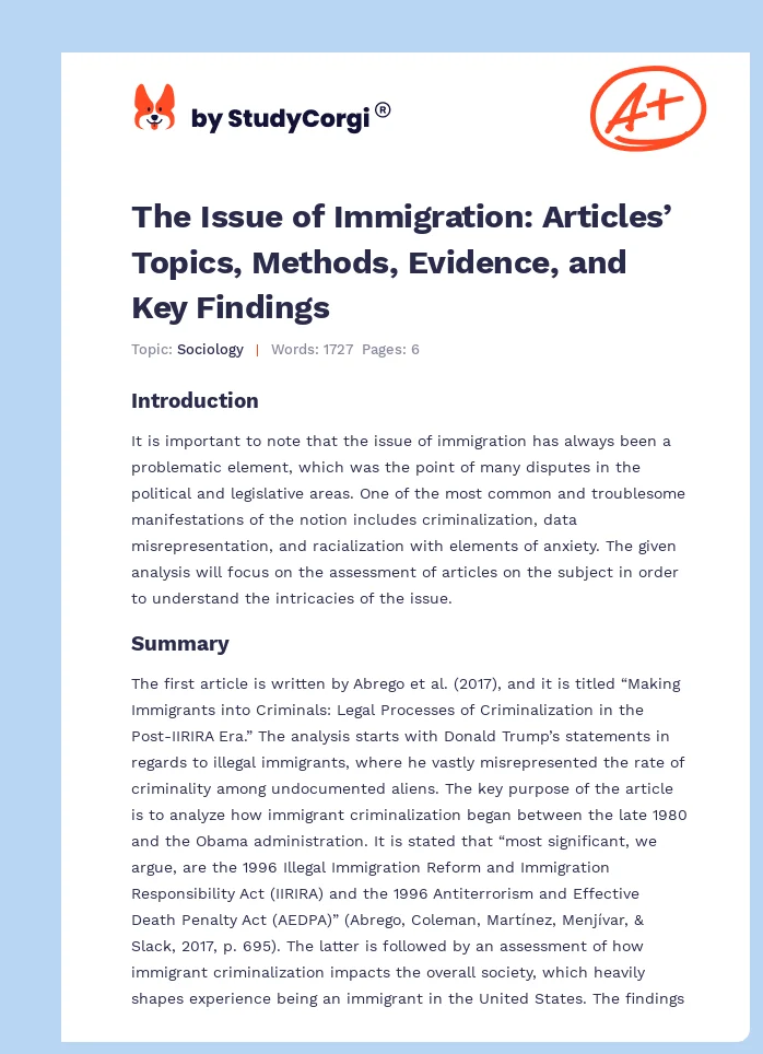 The Issue of Immigration: Articles’ Topics, Methods, Evidence, and Key Findings. Page 1