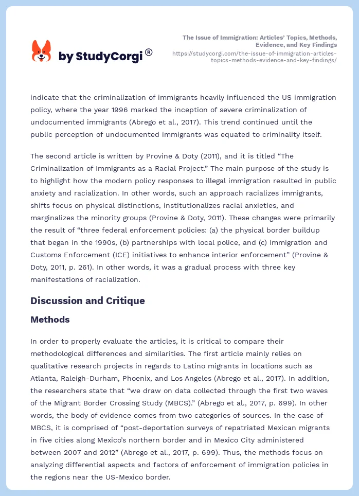 The Issue of Immigration: Articles’ Topics, Methods, Evidence, and Key Findings. Page 2
