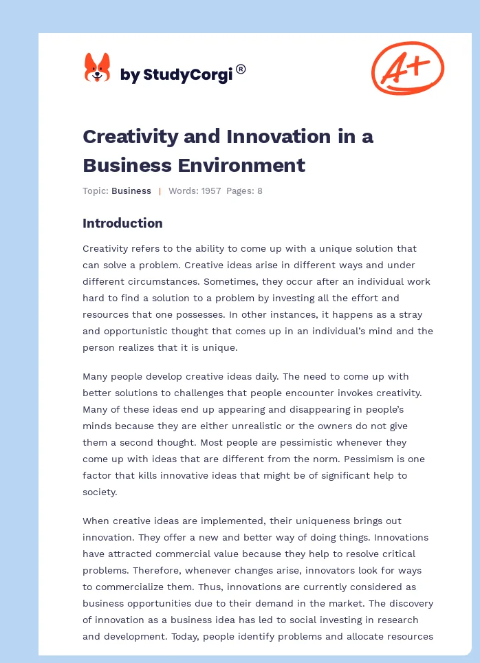 Creativity and Innovation in a Business Environment. Page 1