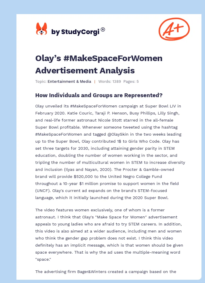 Olay’s #MakeSpaceForWomen Advertisement Analysis. Page 1