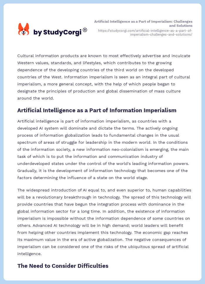 Artificial Intelligence as a Part of Imperialism: Challenges and Solutions. Page 2