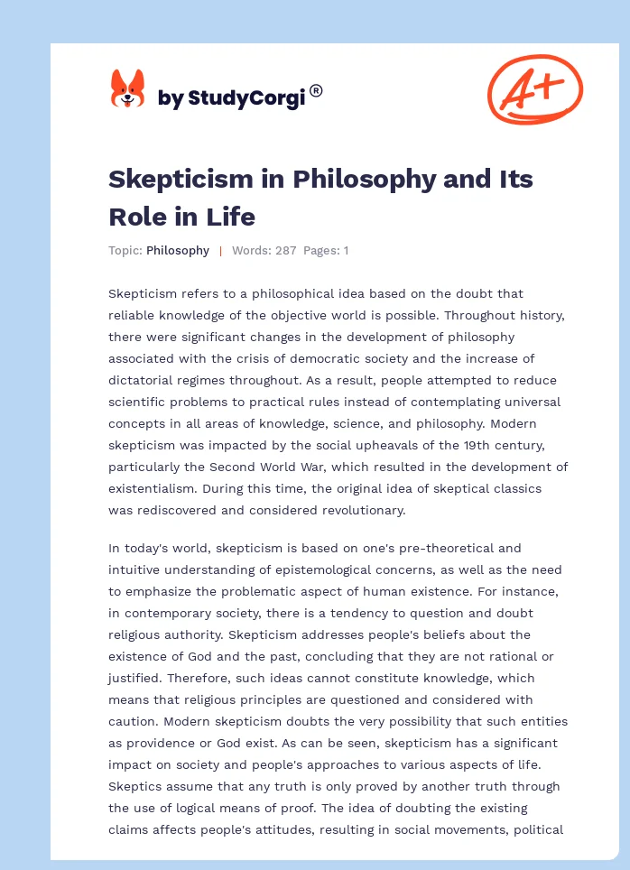 Skepticism in Philosophy and Its Role in Life. Page 1