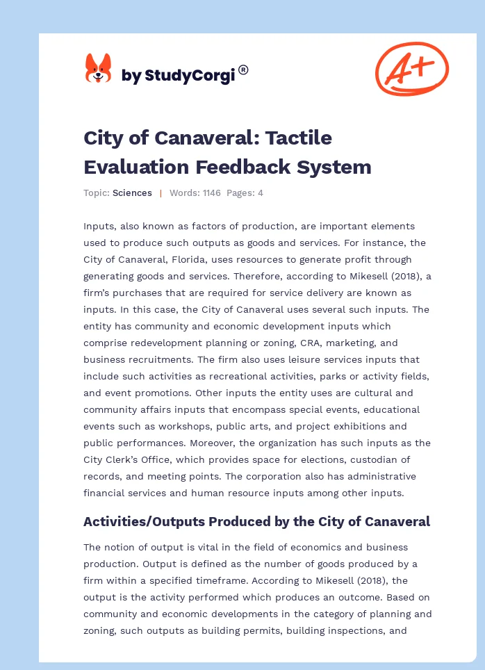 City of Canaveral: Tactile Evaluation Feedback System. Page 1