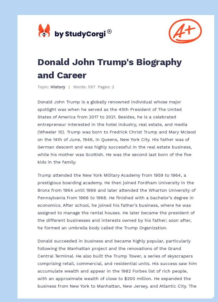 Donald John Trump's Biography and Career. Page 1