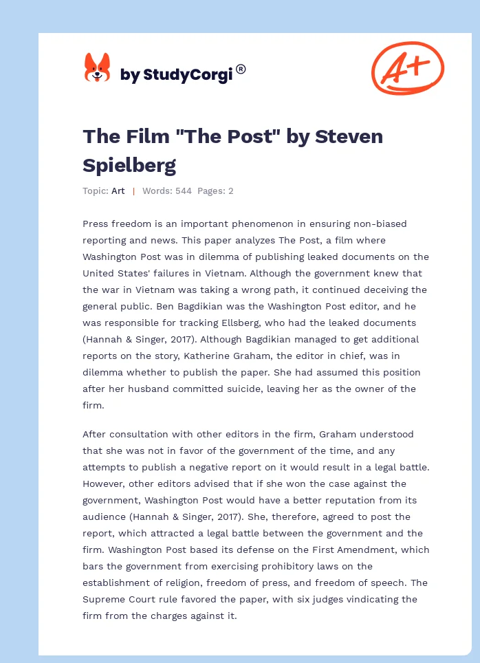 The Film "The Post" by Steven Spielberg. Page 1