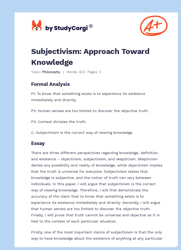 Subjectivism: Approach Toward Knowledge. Page 1
