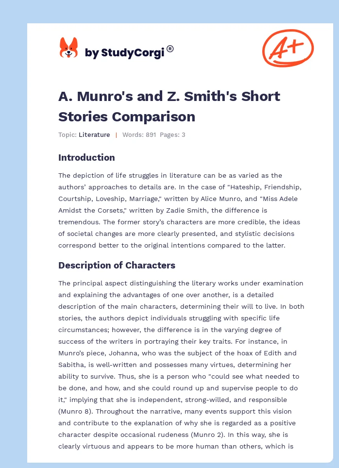 A. Munro's and Z. Smith's Short Stories Comparison. Page 1