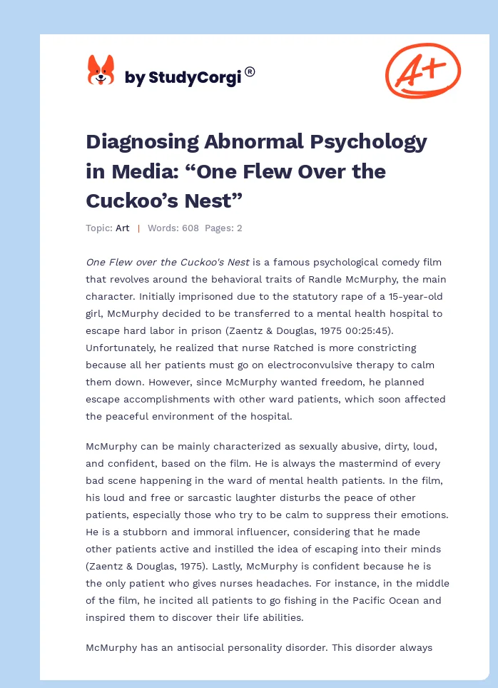Diagnosing Abnormal Psychology in Media: “One Flew Over the Cuckoo’s Nest”. Page 1