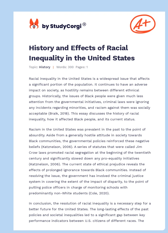 History and Effects of Racial Inequality in the United States. Page 1