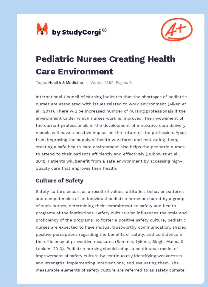 Pediatric Nurses Creating Health Care Environment. Page 1