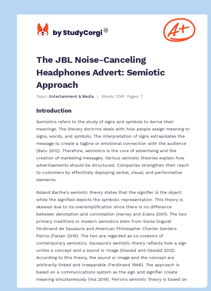 The JBL Noise-Canceling Headphones Advert: Semiotic Approach. Page 1