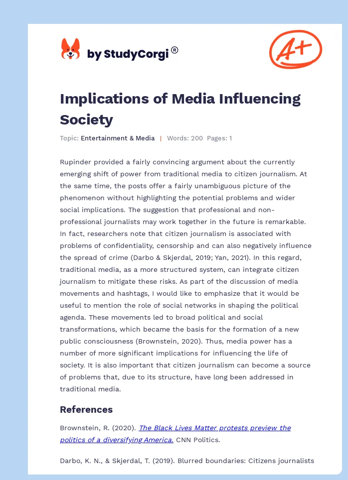 Implications of Media Influencing Society. Page 1