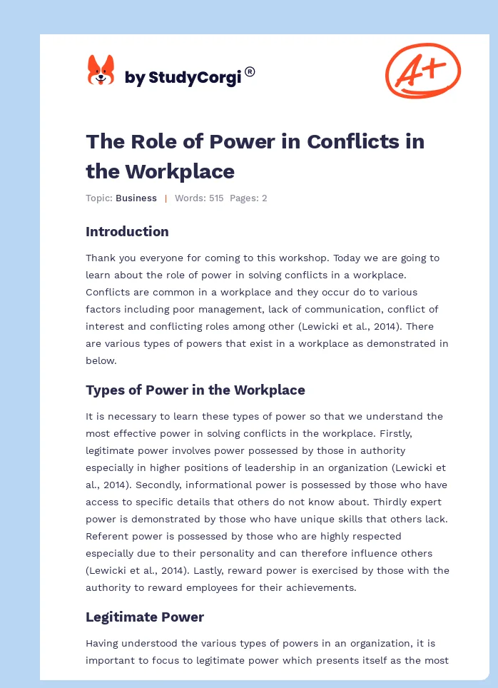The Role of Power in Conflicts in the Workplace. Page 1