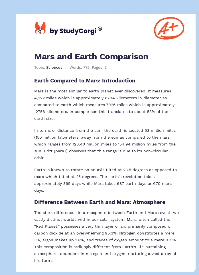 Mars and Earth Comparison. Page 1