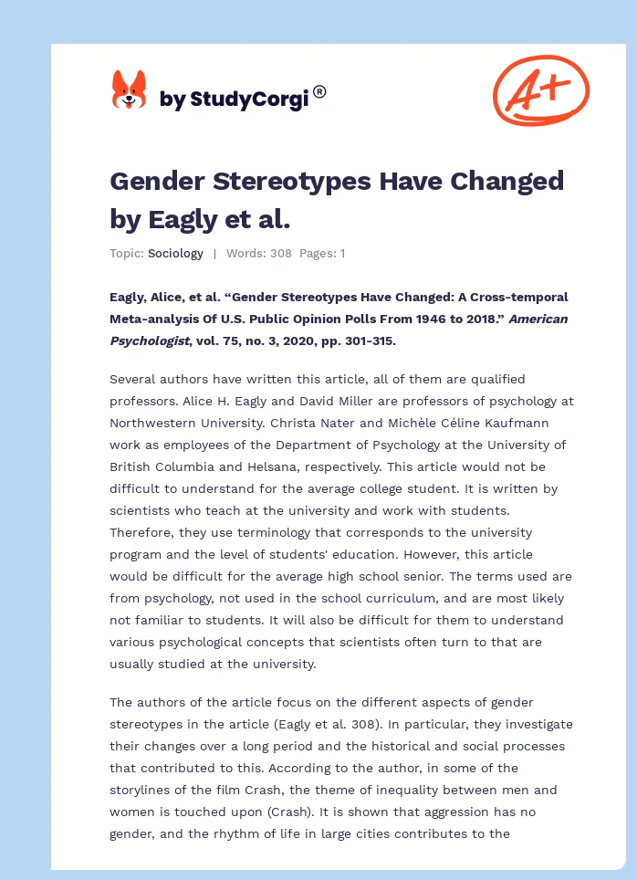 Gender Stereotypes Have Changed by Eagly et al.. Page 1