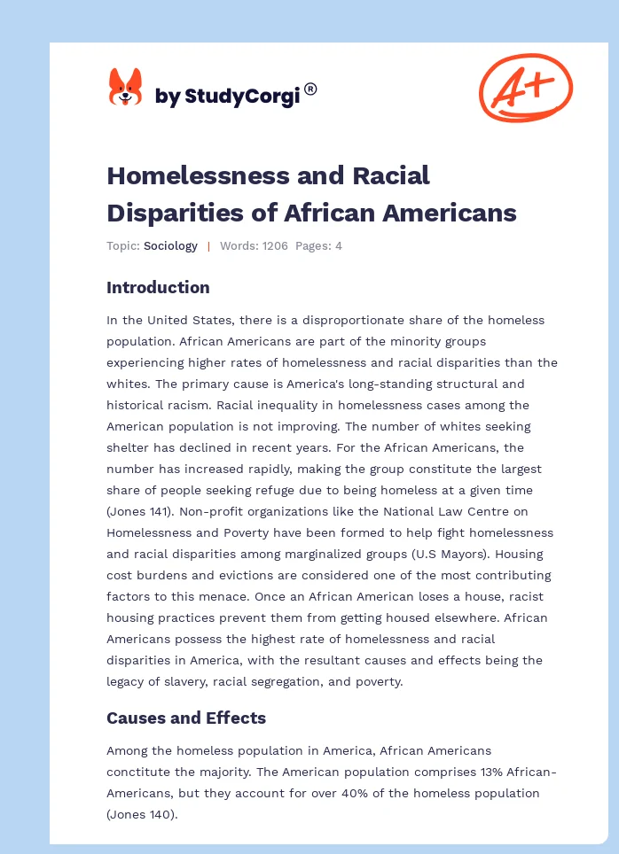 Homelessness and Racial Disparities of African Americans. Page 1