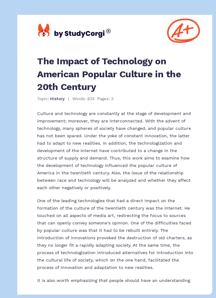 The Impact of Technology on American Popular Culture in the 20th Century. Page 1