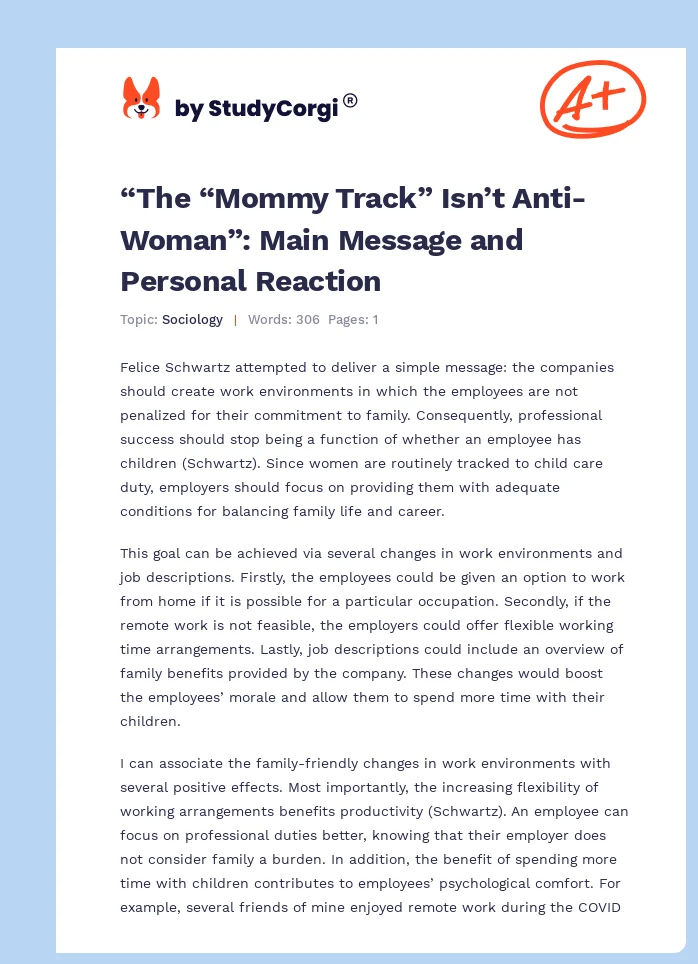 “The “Mommy Track” Isn’t Anti-Woman”: Main Message and Personal Reaction. Page 1