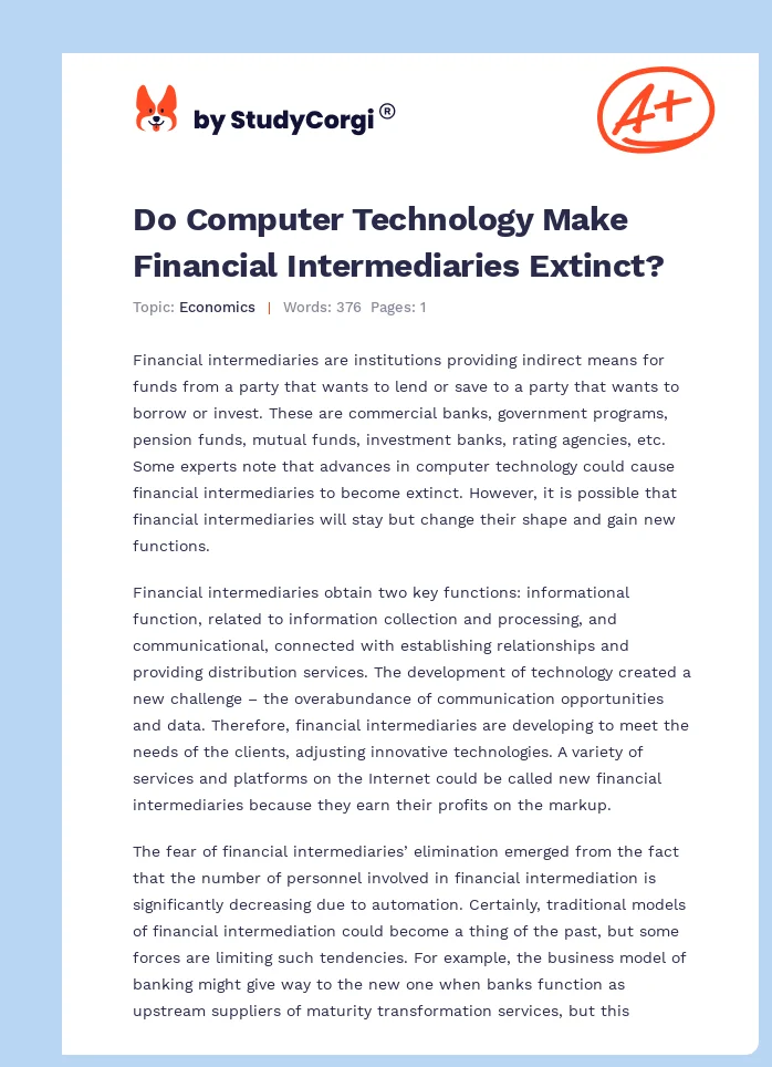 Do Computer Technology Make Financial Intermediaries Extinct?. Page 1