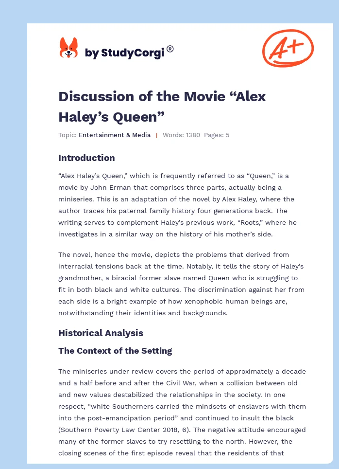 Discussion of the Movie “Alex Haley’s Queen”. Page 1