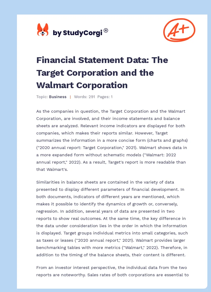 Financial Statement Data: The Target Corporation and the Walmart Corporation. Page 1