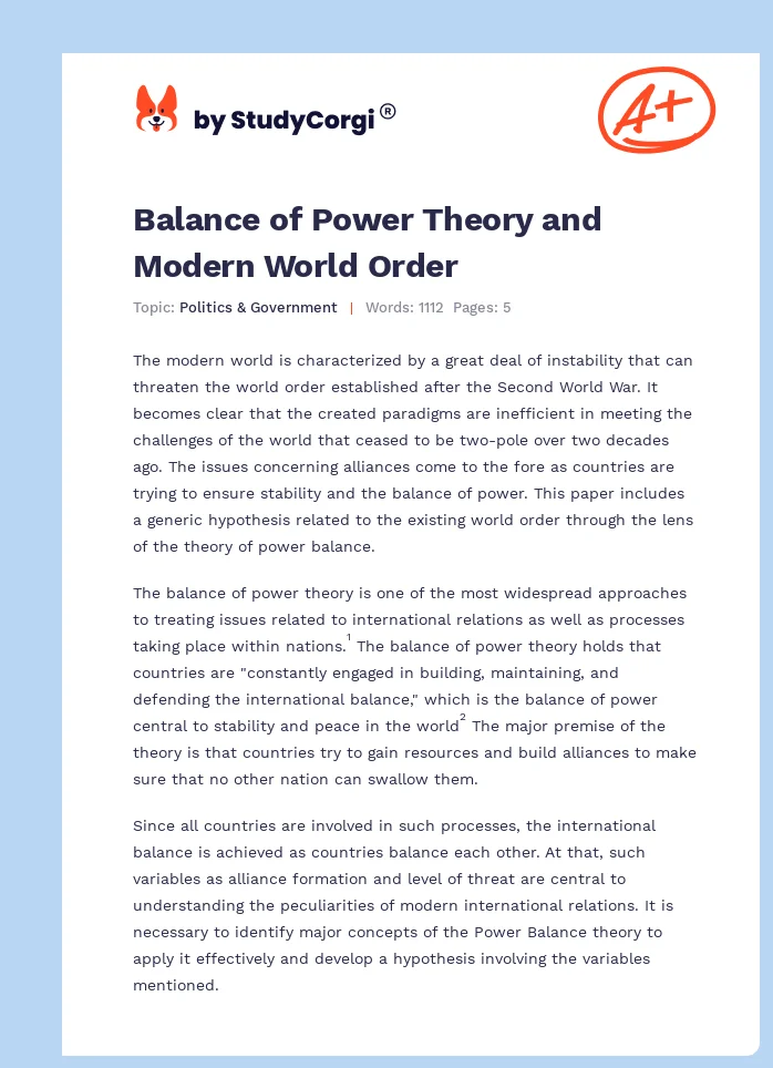 Balance of Power Theory and Modern World Order. Page 1