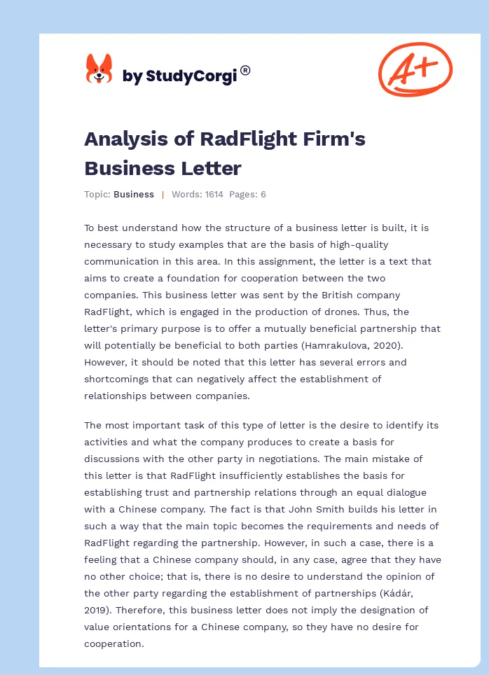 Analysis of RadFlight Firm's Business Letter. Page 1