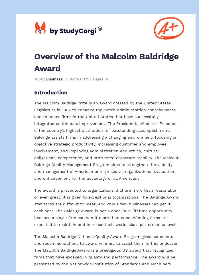 Overview of the Malcolm Baldridge Award. Page 1