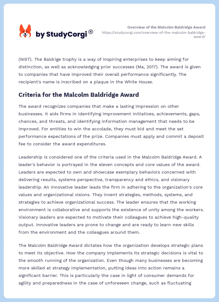 Overview of the Malcolm Baldridge Award. Page 2