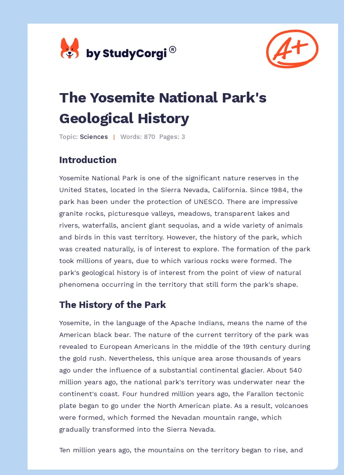 The Yosemite National Park's Geological History. Page 1