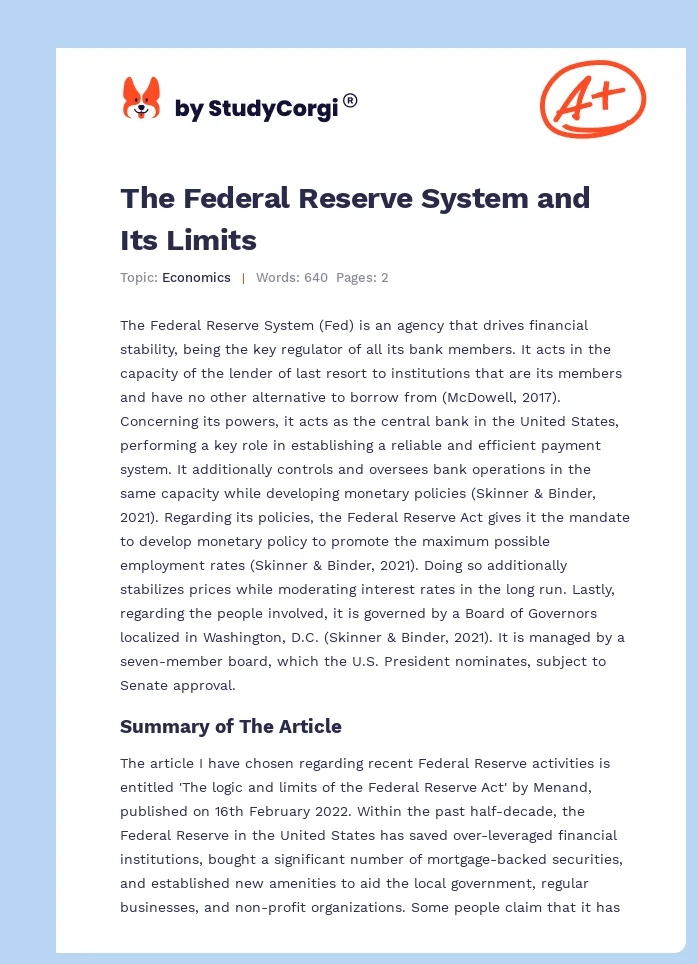 The Federal Reserve System and Its Limits. Page 1
