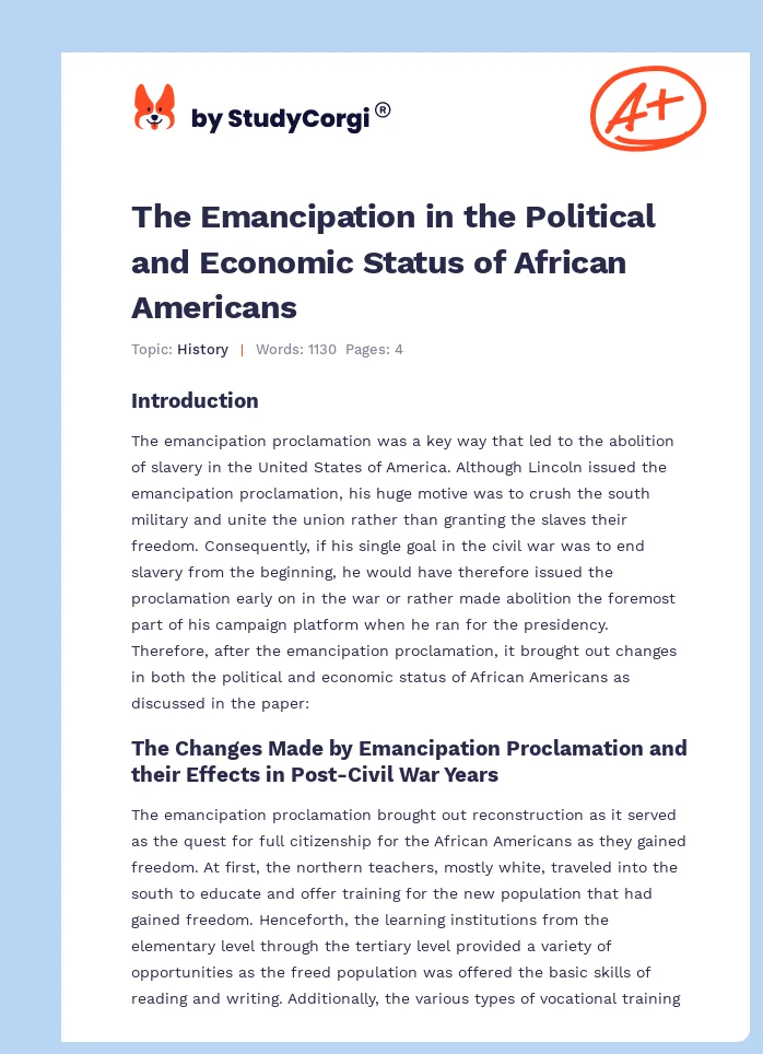 The Emancipation in the Political and Economic Status of African Americans. Page 1