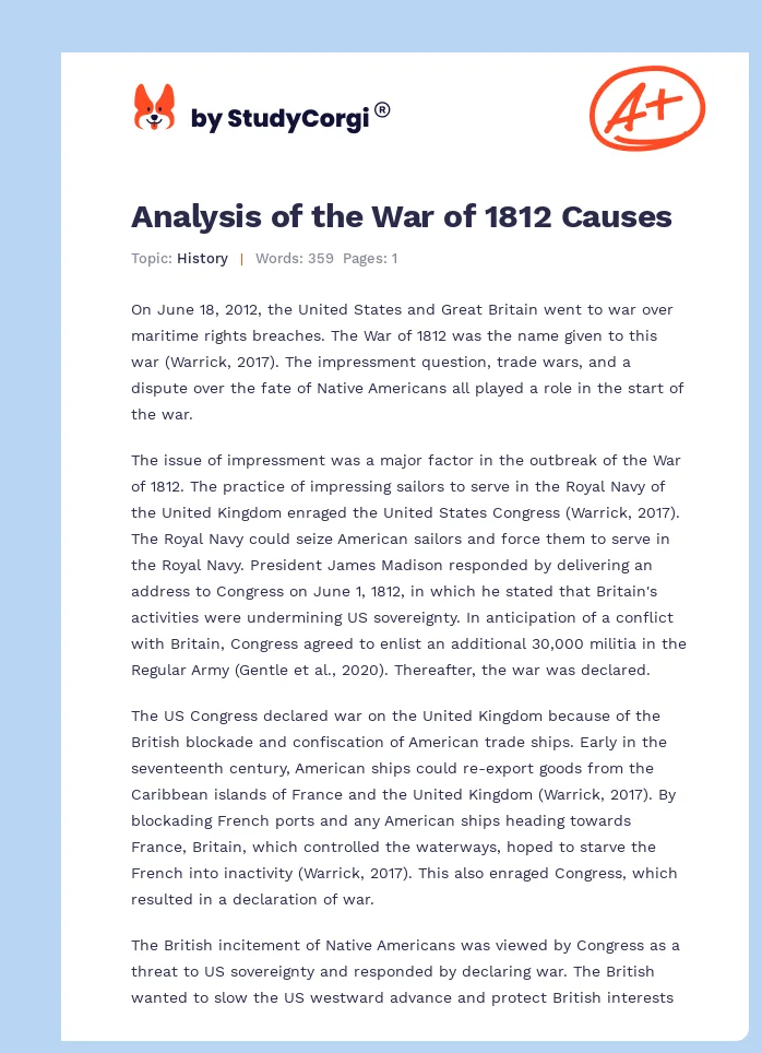 Analysis of the War of 1812 Causes. Page 1