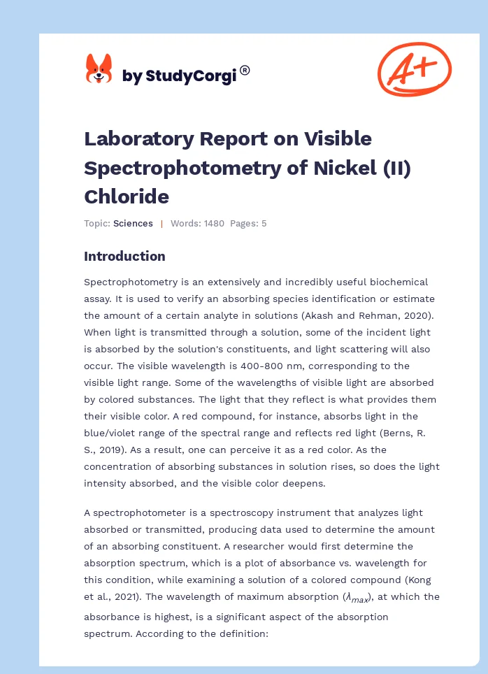 Laboratory Report on Visible Spectrophotometry of Nickel (II) Chloride. Page 1