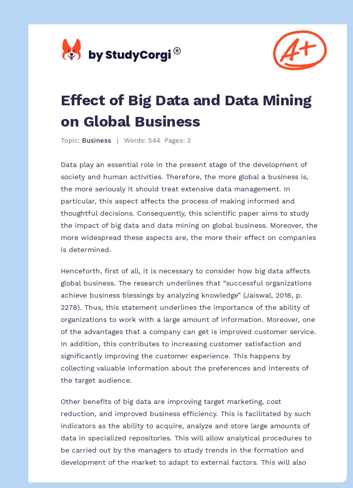 Effect of Big Data and Data Mining on Global Business. Page 1