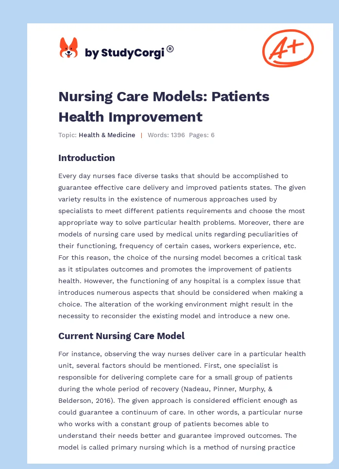 Nursing Care Models: Patients Health Improvement. Page 1