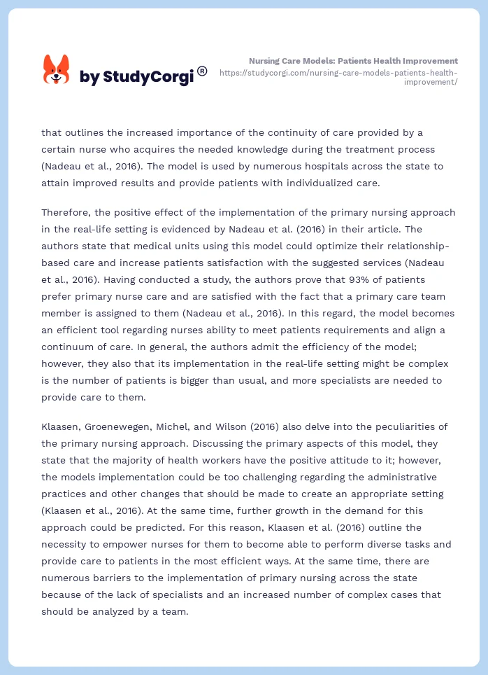 Nursing Care Models: Patients Health Improvement. Page 2