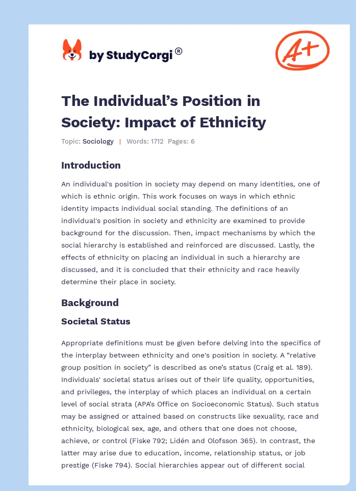The Individual’s Position in Society: Impact of Ethnicity. Page 1