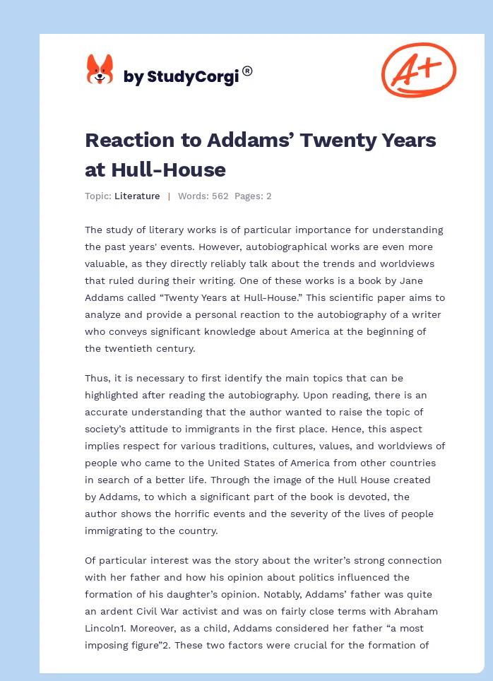 Reaction to Addams’ Twenty Years at Hull-House. Page 1